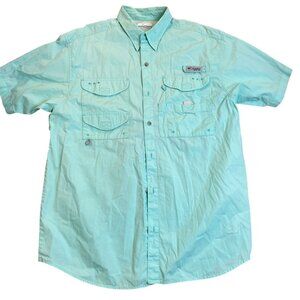 Columbia Men's Fishing Shirt Medium PFG Aqua Short Sleeve Button-Up Caped Vented